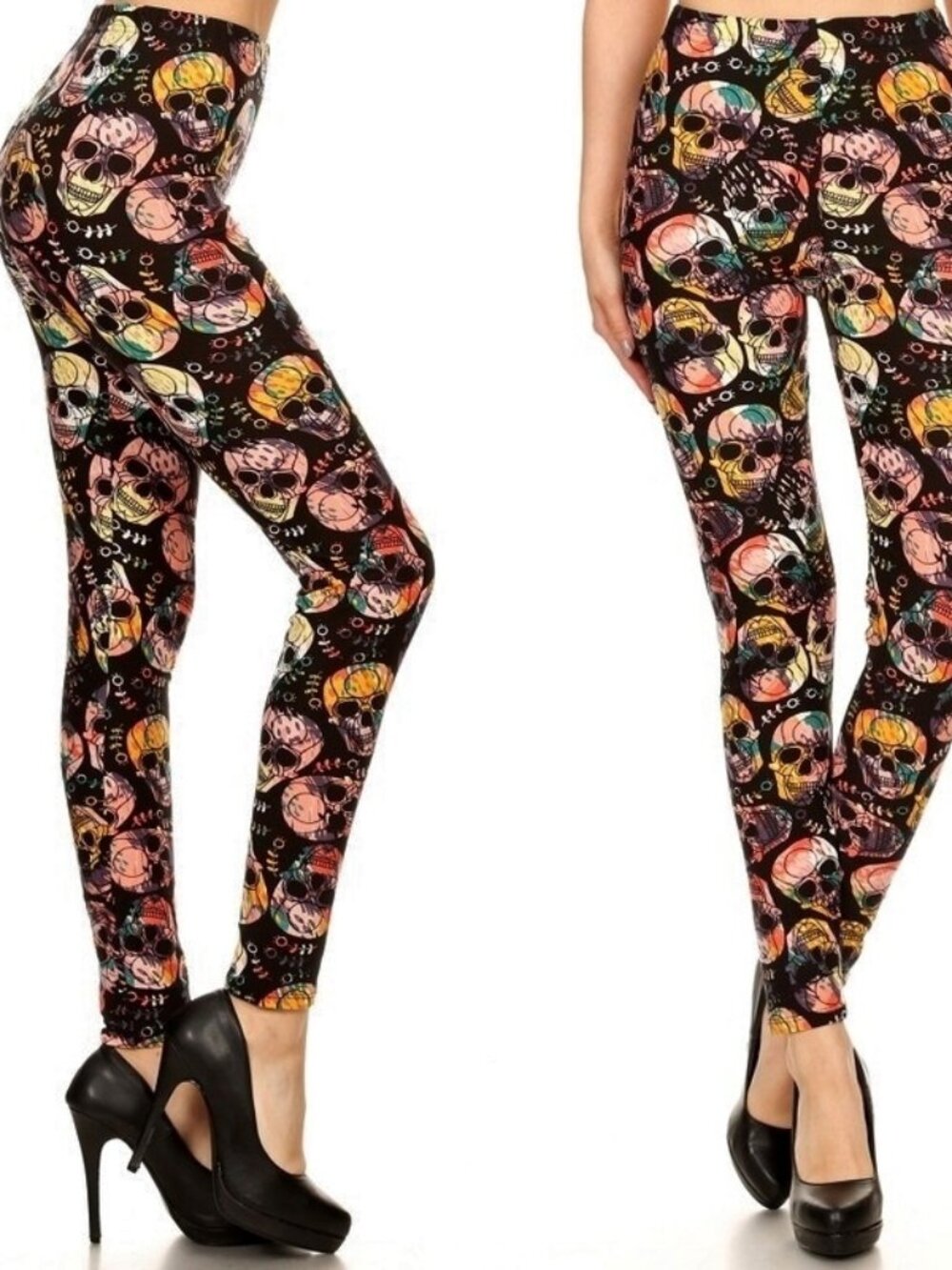 New Women's Black Skeleton Sugar Skull Leggings One Size S M L 1X 2X Halloween